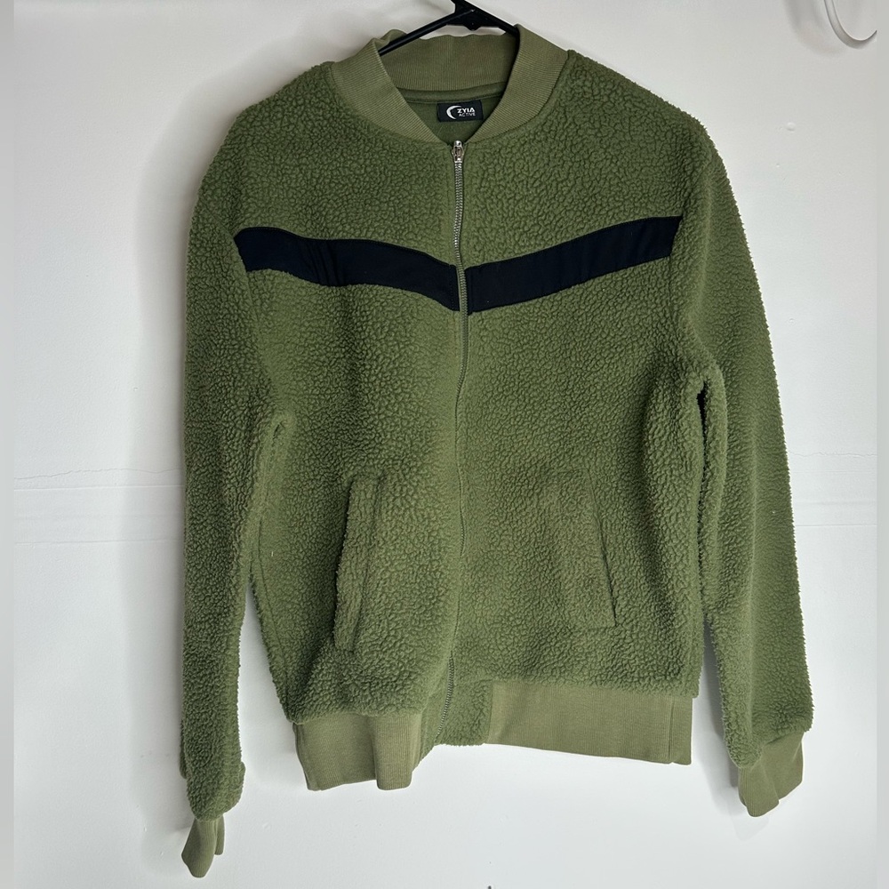 Zyia Active Womens Jacket Green Medium Flying V Fleece Teddy Bomber Sherpa.